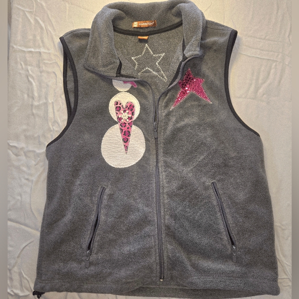 Harriton Grey Fleece Snowman Vest - Pink Leopard Print, Star & Sequins - Size S